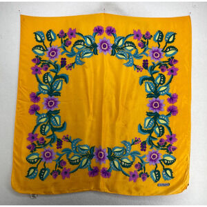 CACHAREL for GLENTEX Scarf Silk Floral Bandana Square Yellow 34" x 34" VTG Japan